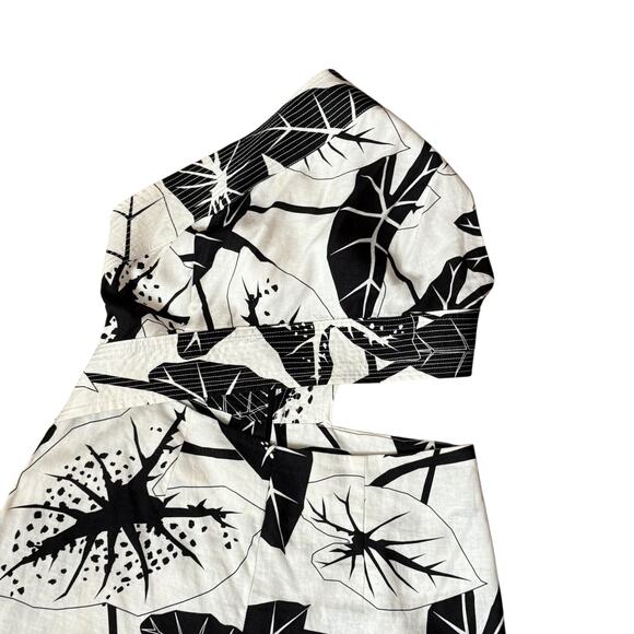 Farm Rio Graphic Leaves One Shoulder Linen-Blend Jumpsuit  Size M Cutout Waist - Picture 6 of 12